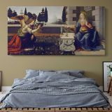 The Annunciation by Leonardo da Vinci — single-panel canvas above a bed with blue bedding