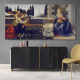 The Annunciation by Leonardo da Vinci — single-panel canvas above a sideboard