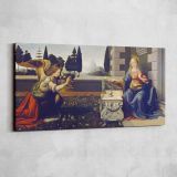 The Annunciation by Leonardo da Vinci — single-panel canvas shown on a pale studio wall