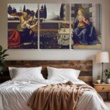 The Annunciation by Leonardo da Vinci — three-panel canvas above a bed