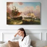 The Battle of Camperdown by Phillip James De Loutherbourg - single-panel canvas displayed above a sofa
