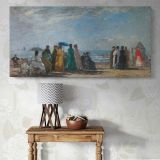 The Beach at Trouville by Claude Monet — single-panel canvas above a console table
