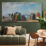 The Beach at Trouville by Claude Monet — single-panel canvas above a green sofa