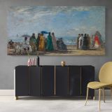 The Beach at Trouville by Claude Monet — single-panel canvas above a sideboard