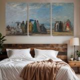The Beach at Trouville by Claude Monet — three-panel canvas above a bed