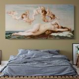 The Birth of Venus by Alexandre Cabanel — single-panel canvas above a bed with blue bedding
