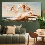 The Birth of Venus by Alexandre Cabanel — single-panel canvas above a green sofa