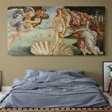 The Birth of Venus by Sandro Botticelli — single-panel canvas above a bed with blue bedding