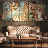 The Birth of Venus by Sandro Botticelli — three-panel canvas in a lounge