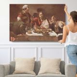 The Calling of Saint Matthew by Caravaggio - single-panel canvas shown with a person for scale