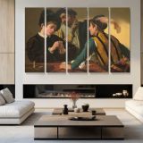 The Cardsharps by Caravaggio - multi-panel canvas displayed in a modern living room