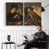 The Cardsharps by Caravaggio - two-panel canvas displayed in a reading room