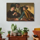 The Cardsharps by Caravaggio - single-panel canvas displayed above a console table