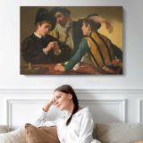 The Cardsharps by Caravaggio - single-panel canvas displayed above a sofa