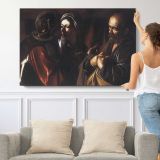 The Denial of Saint Peter by Caravaggio - single-panel canvas shown with a person for scale
