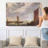The Ferry Boat by Aelbert Cuyp - single-panel canvas shown with a person for scale