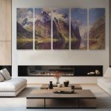 The Fjord by Adelsteen Normann — four-panel canvas arrangement in a living room