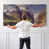 The Fjord by Adelsteen Normann — single-panel canvas shown behind a standing person for scale