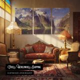 The Fjord by Adelsteen Normann — multi-panel canvas in a warmly lit lounge