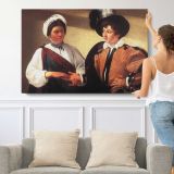 The Fortune Teller by Caravaggio - single-panel canvas shown with a person for scale