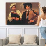 The Fortune Teller by Caravaggio - single-panel canvas shown with a person for scale