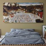 The Fountain of Youth by Lucas Cranach — single-panel canvas above a bed with blue bedding