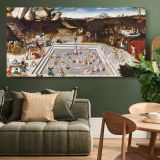 The Fountain of Youth by Lucas Cranach — single-panel canvas above a green sofa