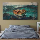 The Gulf Stream by Winslow Homer — single-panel canvas above a bed with blue bedding