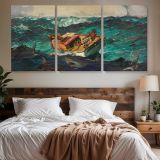 The Gulf Stream by Winslow Homer — three-panel canvas above a bed