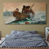 The Herring Net by Winslow Homer — single-panel canvas above a bed with blue bedding