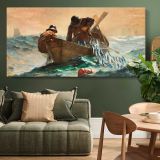 The Herring Net by Winslow Homer — single-panel canvas above a green sofa