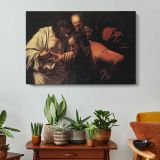 The Incredulity of Saint Thomas by Caravaggio - single-panel canvas displayed above a console table