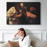 The Incredulity of Saint Thomas by Caravaggio - single-panel canvas displayed above a sofa