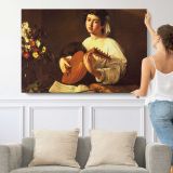 The Lute Player by Caravaggio - single-panel canvas shown with a person for scale
