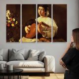 The Lute Player by Caravaggio - multi-panel canvas displayed above a sofa