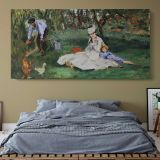 The Monet Family in Their Garden at Argenteuil by Edouard Manet — single-panel canvas above a bed with blue bedding