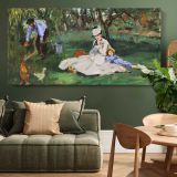 The Monet Family in Their Garden at Argenteuil by Edouard Manet — single-panel canvas above a green sofa