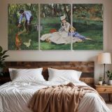 The Monet Family in Their Garden at Argenteuil by Edouard Manet — three-panel canvas above a bed