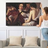 The Musicians by Caravaggio - single-panel canvas shown with a person for scale