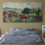 The Races at Longchamp by Edouard Manet — single-panel canvas above a bed with blue bedding