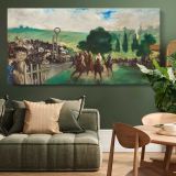 The Races at Longchamp by Edouard Manet — single-panel canvas above a green sofa