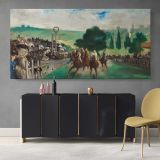 The Races at Longchamp by Edouard Manet — single-panel canvas above a sideboard