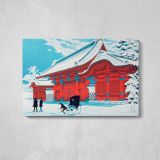 The Red Gate of Hongo in Snow - single-panel canvas displayed above a console table