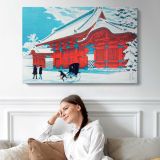 The Red Gate of Hongo in Snow - single-panel canvas displayed above a sofa