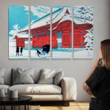 The Red Gate of Hongo in Snow - multi-panel canvas displayed above a sofa