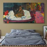 The Royal End - Arii Matamoe by Paul Gauguin — single-panel canvas above a bed with blue bedding