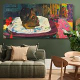 The Royal End - Arii Matamoe by Paul Gauguin — single-panel canvas above a green sofa