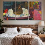 The Royal End - Arii Matamoe by Paul Gauguin — three-panel canvas above a bed