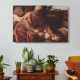 The Sacrifice of Isaac by Caravaggio - single-panel canvas displayed above a console table