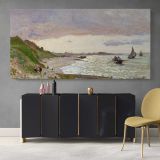 The Seashore at Sainte-Adresse by Claude Monet — single-panel canvas above a sideboard